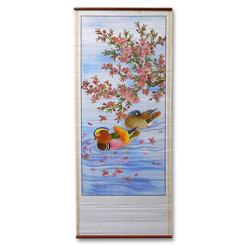 Peaceful Pond Chinese Wall Scroll Bamboo Wall Scroll with Cherry Blossoms