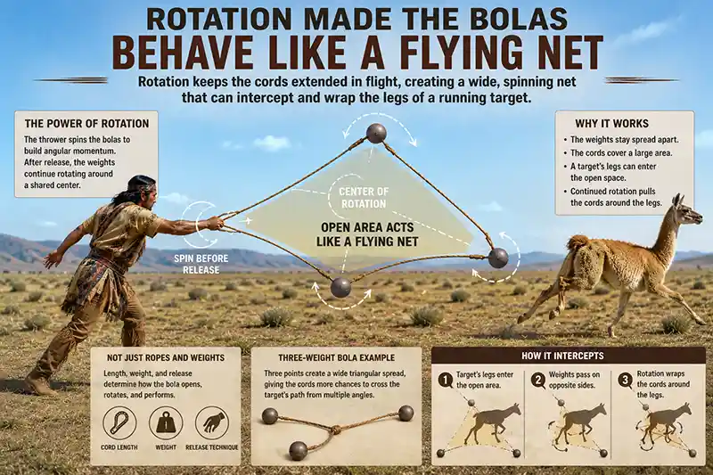 Three-weight bolas rotating like a flying net toward a moving target