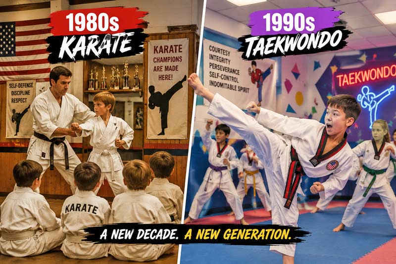 Kids practicing taekwondo in a 1990s martial arts school compared with an 1980s karate dojo during America's martial arts boom.