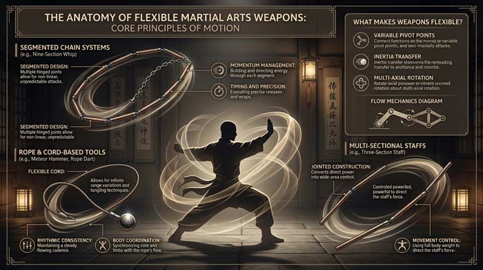 Infographic explaining flexible martial arts weapons with abstract movement patterns, coordination concepts, and traditional training equipment displays