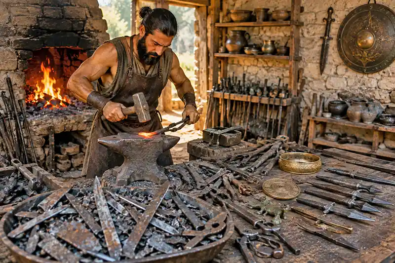 Ancient blacksmith forging metal beside reusable sword scraps