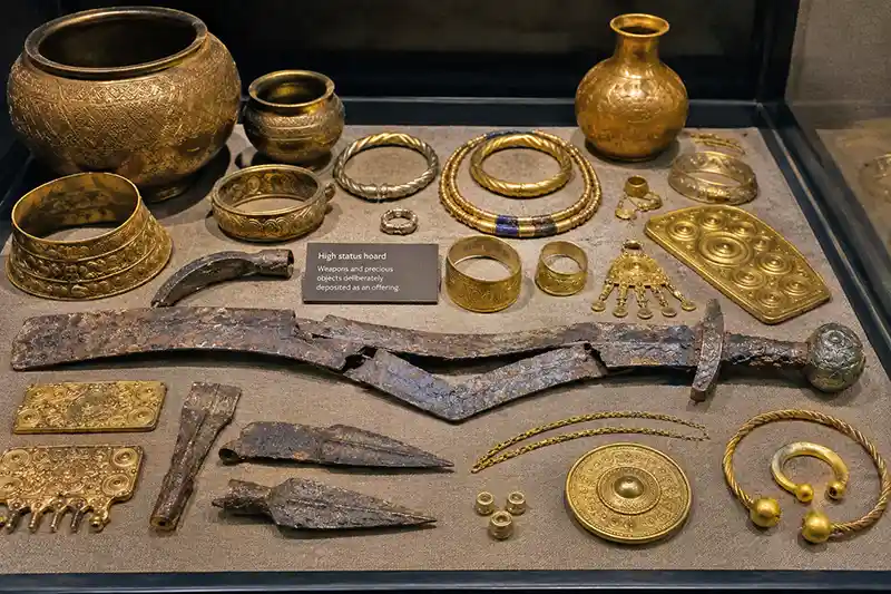 Destroyed ancient sword displayed with valuable gold artifacts