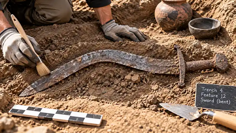 Archaeologist uncovering a deliberately bent and buried ancient sword