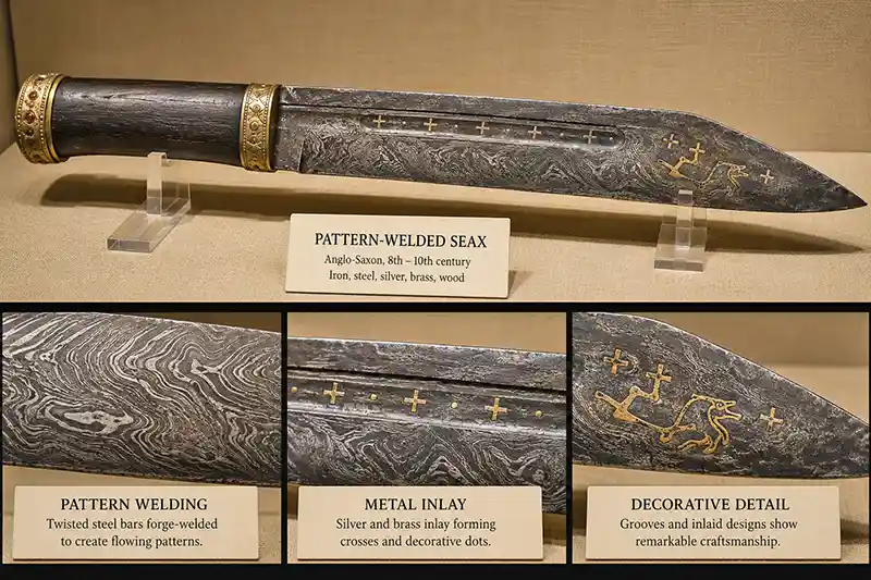 Pattern-welded Anglo-Saxon seax with decorative metal inlay