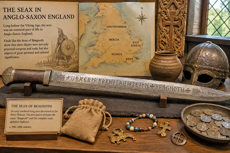 Anglo-Saxon Seax of Beagnoth displayed with runic inscriptions and period artifacts