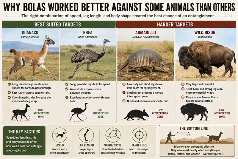 Guanaco and rhea compared with animals less suited to bola entanglement