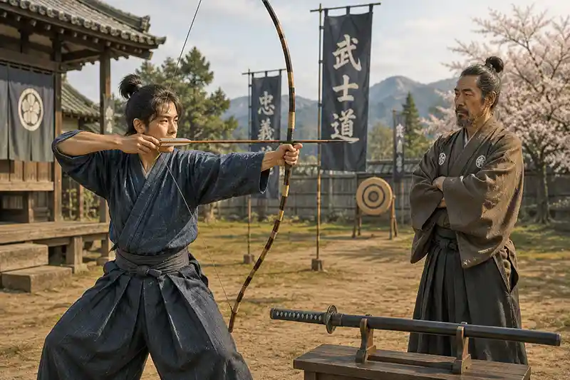 Young samurai practicing with a yumi bow under the watchful eye of an experienced instructor in a traditional Japanese training courtyard.