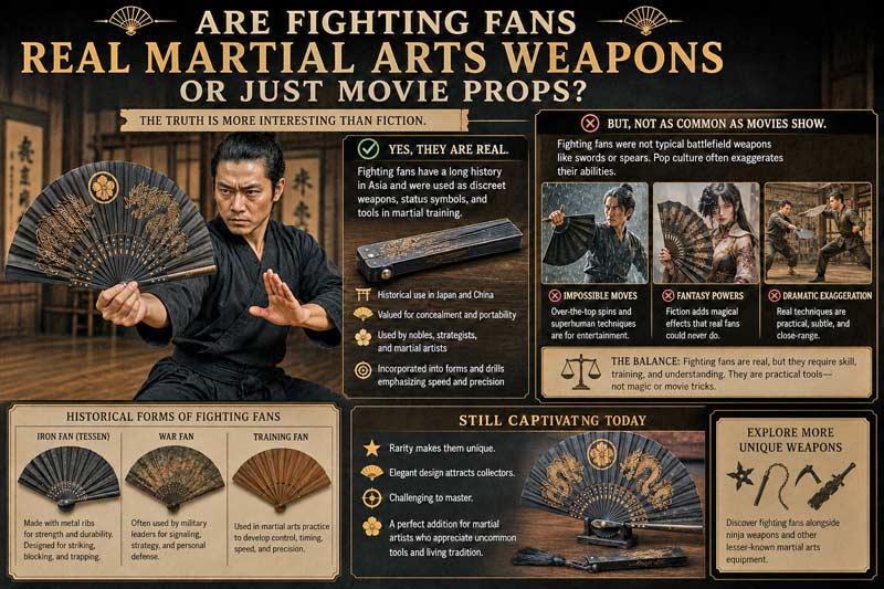 Infographic comparing real historical fighting fans with exaggerated movie versions, featuring a martial artist holding an ornate fan in a dojo