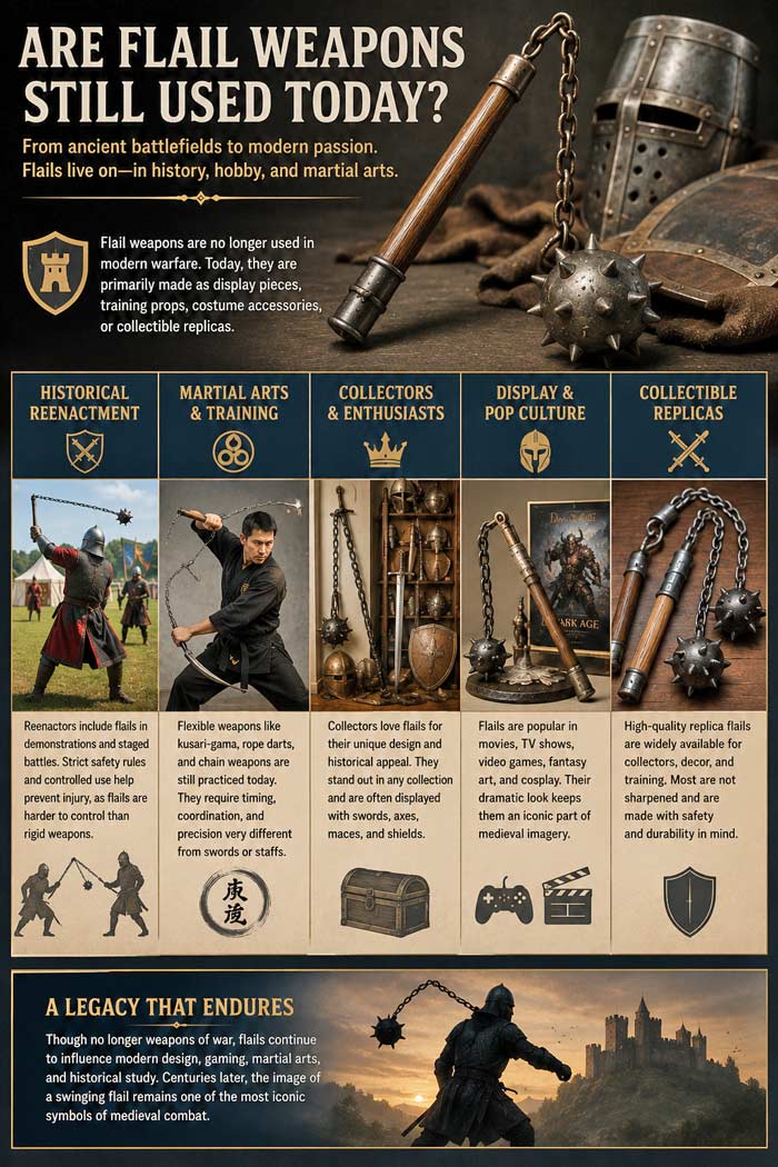 Infographic showing how flail weapons are still used today in reenactments, martial arts, collecting, and fantasy culture