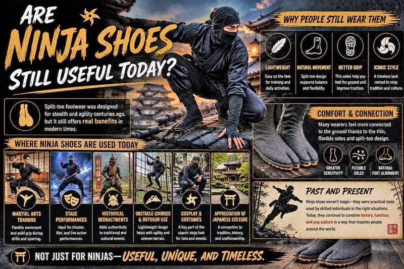 Infographic showing whether ninja shoes are still useful today and their modern uses in martial arts, costumes, and outdoor activities.