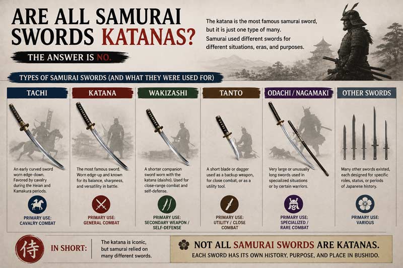 Infographic explaining that not all samurai swords are katanas, comparing Japanese sword types including tachi, wakizashi, tanto, and odachi