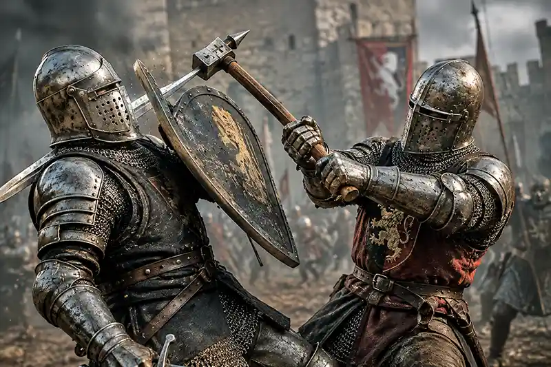 Medieval knight striking a fully armored opponent with a spiked war hammer during battle.