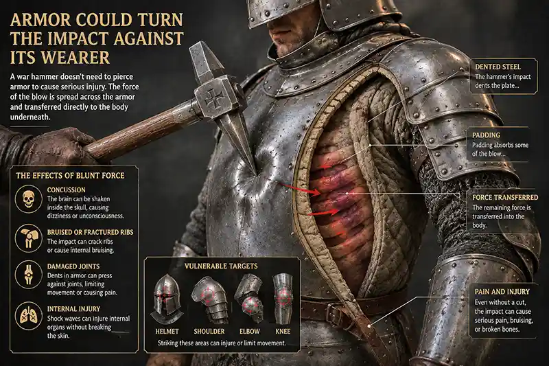 Cutaway illustration showing a war hammer denting plate armor and transferring force into the knight beneath.