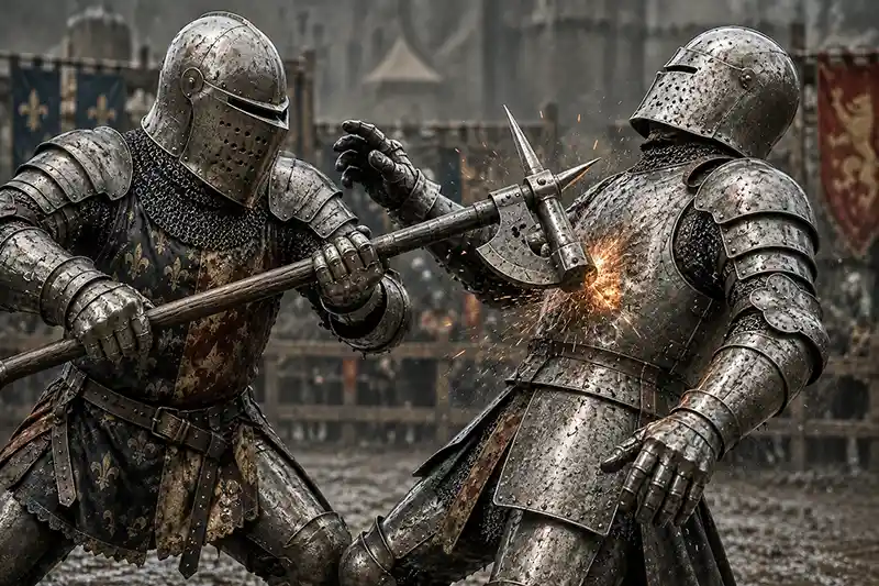 Poleaxe striking the breastplate of a fully armored knight during a medieval duel.