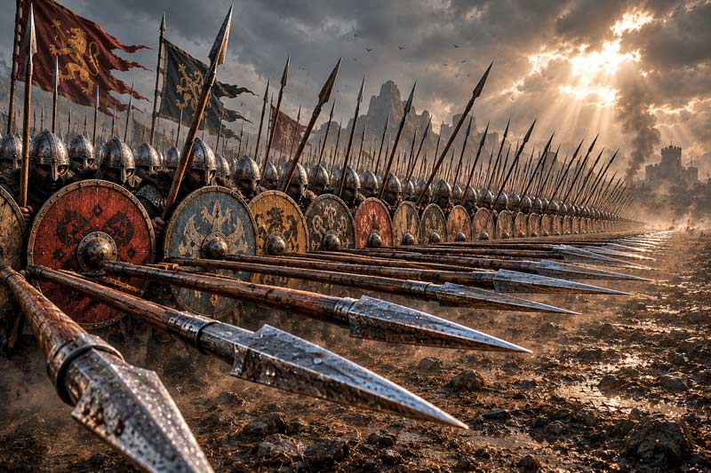 Spear wall against dark skies