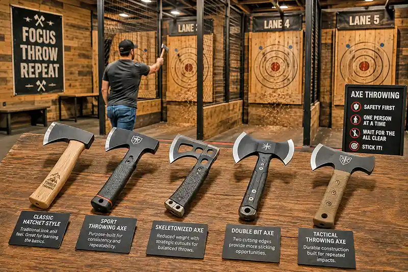 Modern throwing axes displayed at an indoor axe throwing range