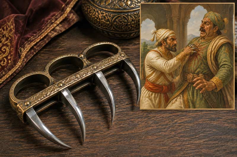 Traditional Indian bagh nakh tiger claw weapon beside an illustration of Shivaji's encounter with Afzal Khan
