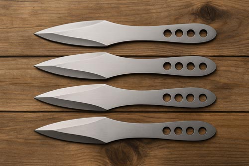 Balanced throwing knives arranged on a wooden surface
