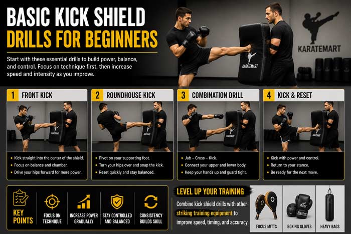 Infographic showing basic kick shield drills for beginners including front kick, roundhouse, and combination training
