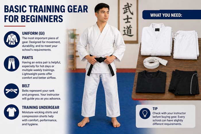 Infographic showing basic martial arts training gear including uniform, pants, belt, and undergear for beginners