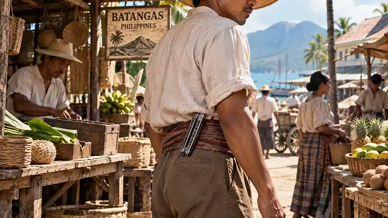 Filipino man carrying a closed butterfly knife in a traditional Batangas market