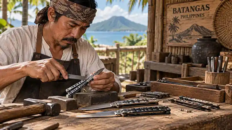 Filipino craftsman making butterfly knives in a traditional Batangas workshop