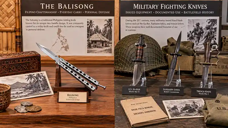 Traditional Filipino balisong displayed beside documented military fighting knives in a museum exhibit