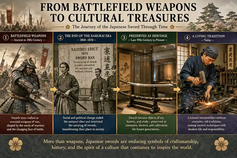 Japanese swords evolving from samurai battlefield weapons to preserved cultural treasures