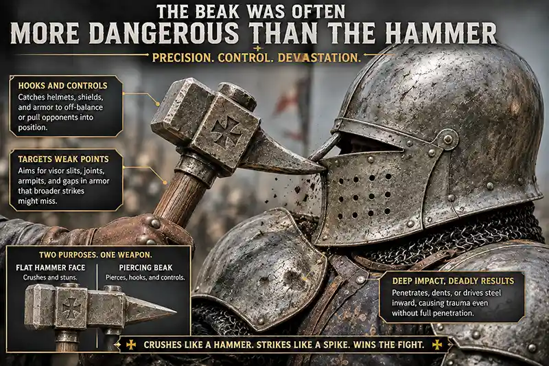 Close-up of a medieval war hammer's beak hooking beneath a knight's steel helmet.