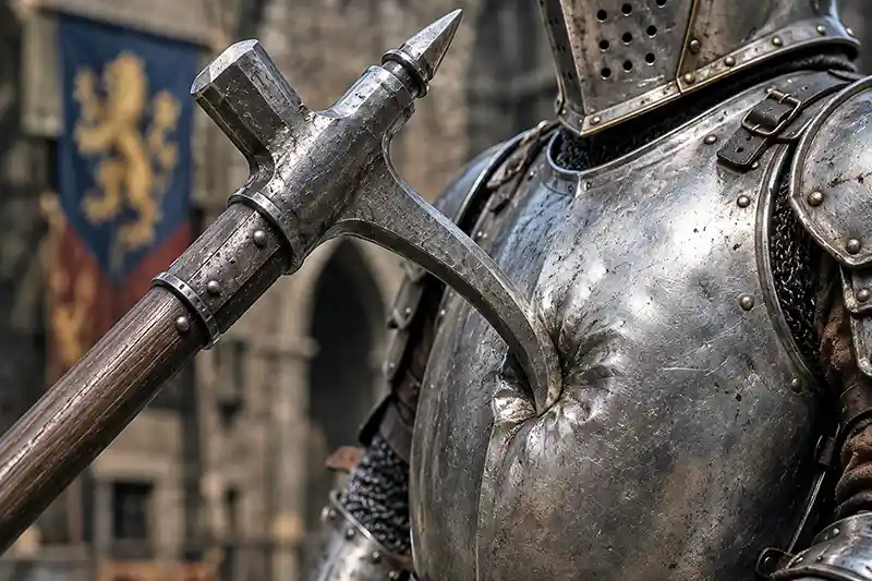 Bec de corbin striking the breastplate of an armored medieval knight.