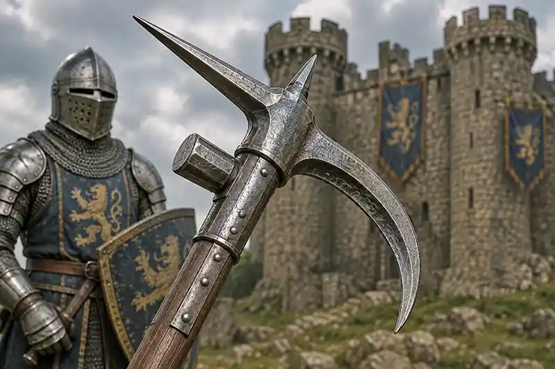 Bec de corbin displayed before an armored knight and medieval castle.