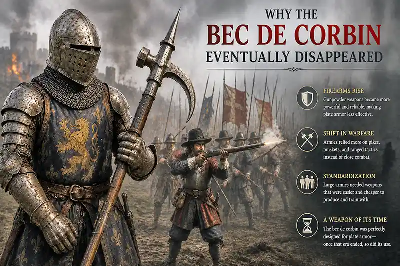 Armored knight with a bec de corbin as musketeers and pikemen signal the end of the medieval battlefield.