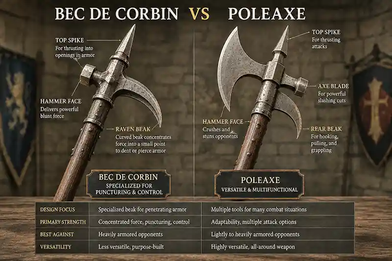 Side-by-side comparison of a bec de corbin and a poleaxe highlighting their different weapon designs.