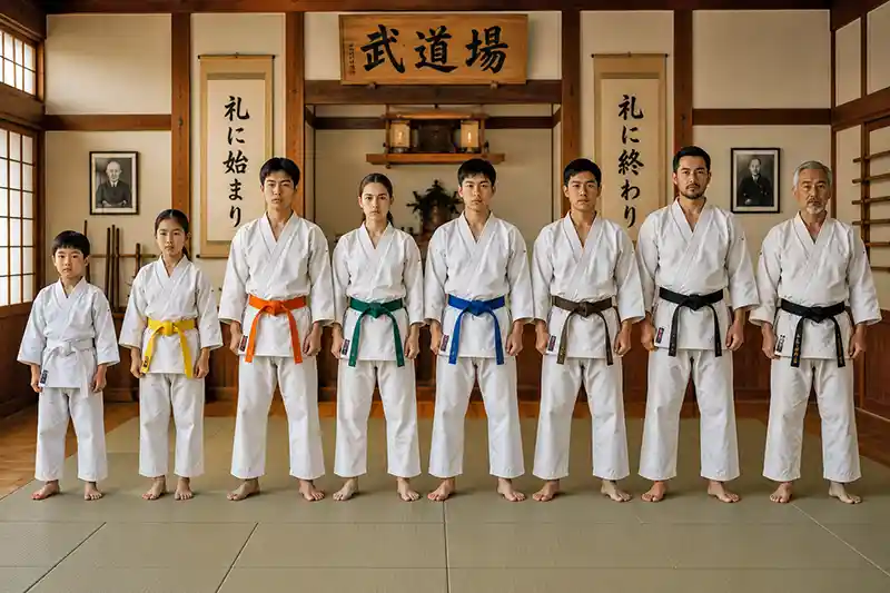 Martial artists of different belt levels standing together inside a traditional dojo training hall