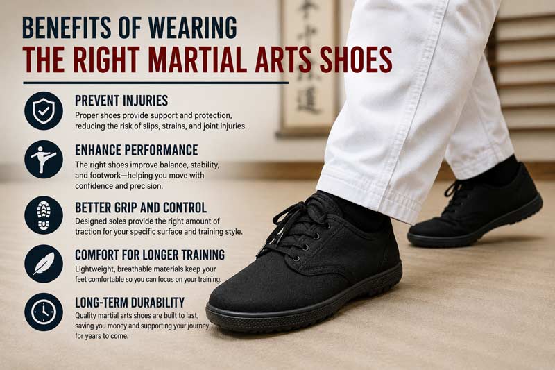 Infographic showing the benefits of wearing martial arts shoes for grip, support, and training comfort.