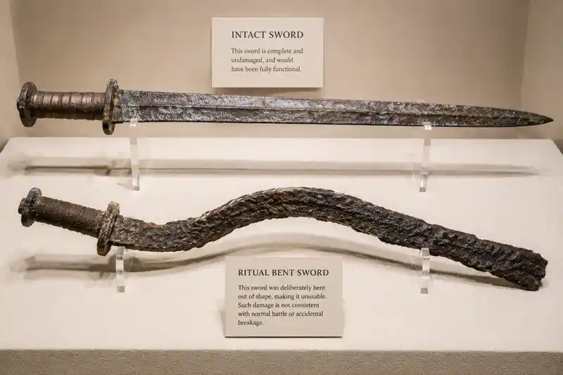 Intact ancient sword compared with a deliberately bent sword
