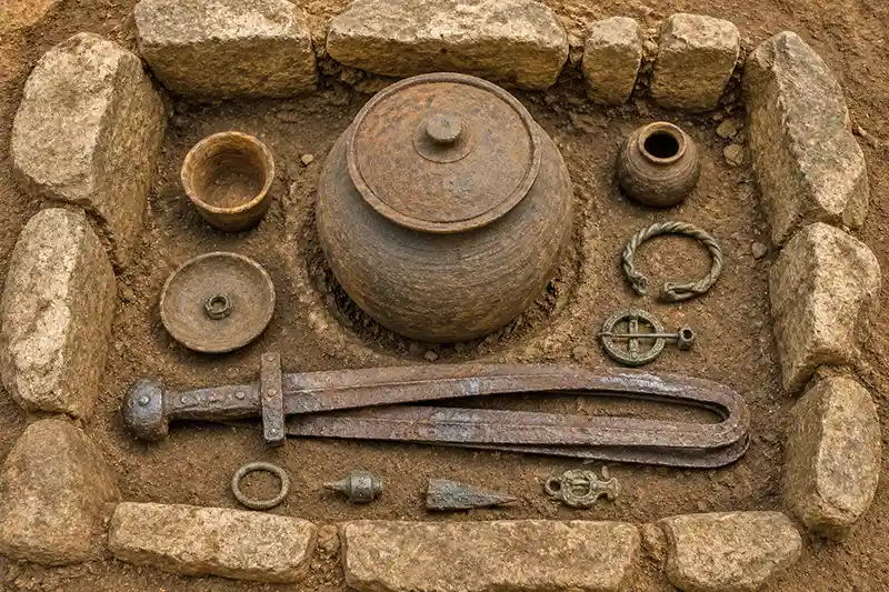 Folded ancient sword placed beside a funerary urn and grave goods