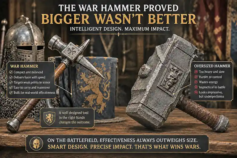 Historical war hammer beside an oversized fantasy hammer comparing practical medieval design with fictional size.