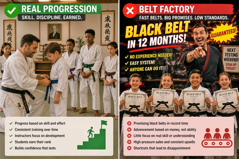 Comparison of realistic belt progression in a martial arts school versus a 