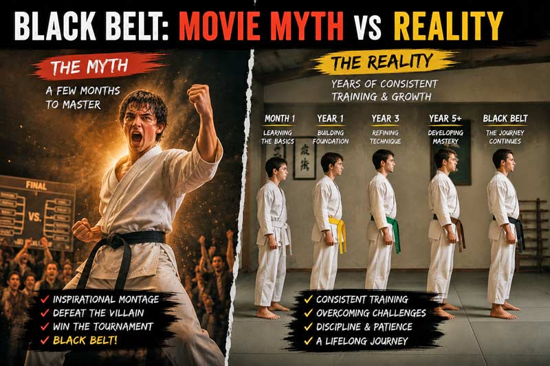 Myth vs reality infographic comparing movie black belt training with the real long-term martial arts journey.