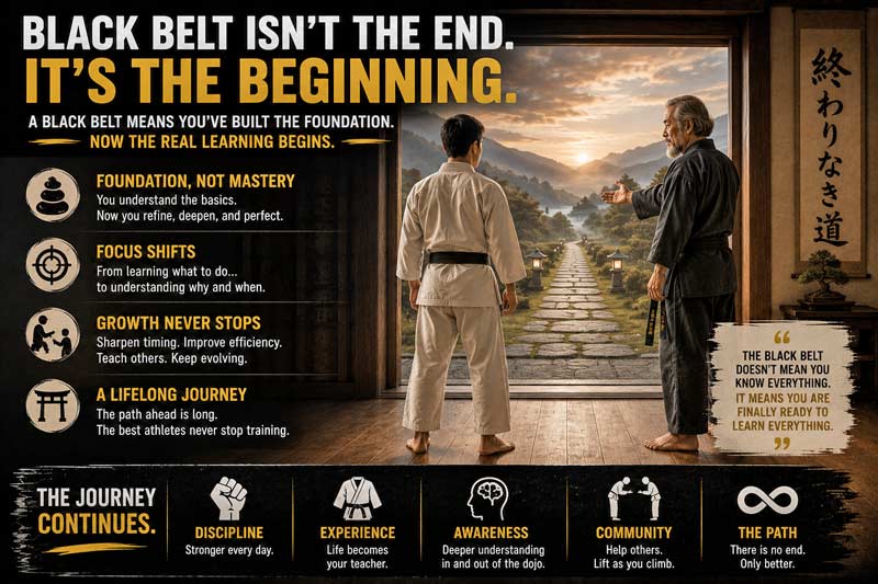 Infographic showing a new black belt beginning a longer martial arts journey with an instructor guiding the path ahead.
