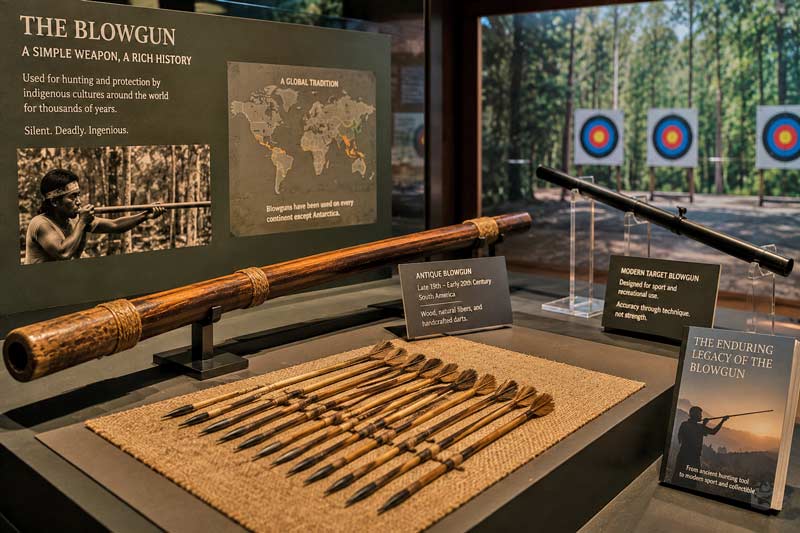 Museum display featuring antique and modern blowguns with handcrafted darts