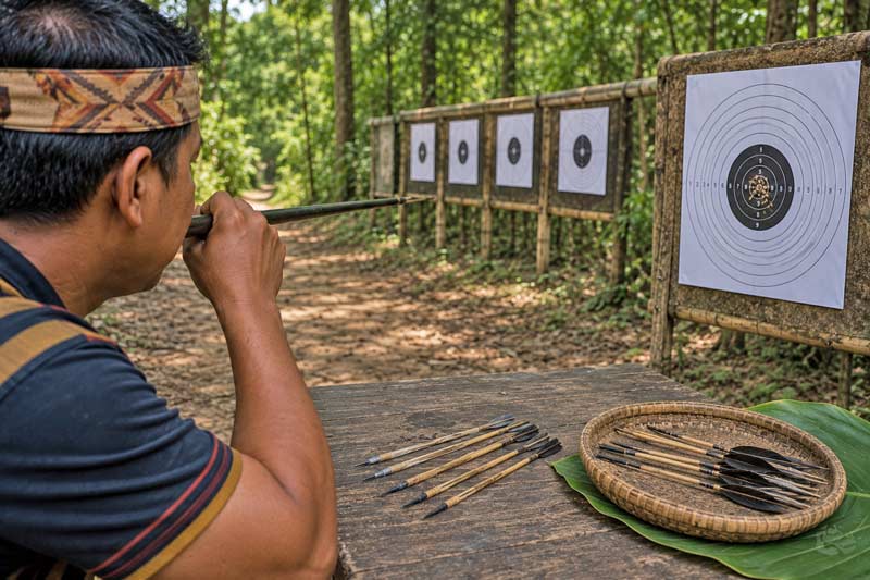Blowgun competitor aiming at paper targets during an outdoor accuracy competition