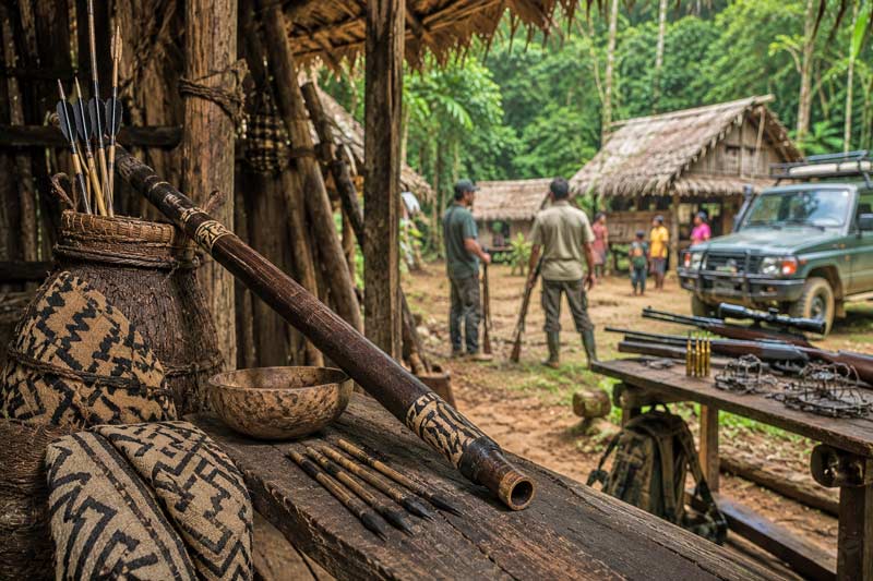 Traditional blowgun resting beside modern hunting equipment in a changing rainforest village