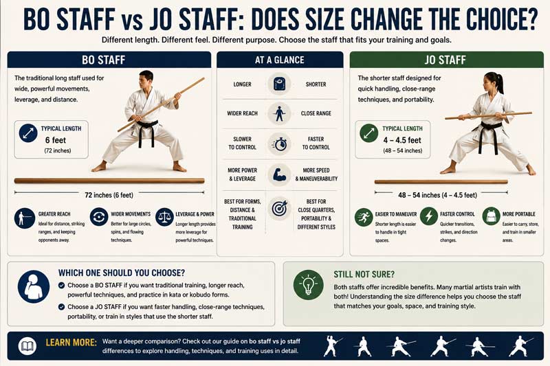 Infographic comparing bo staff and jo staff sizes, showing differences in length, reach, maneuverability, training style, and which martial arts staff may be better based on training goals and experience level