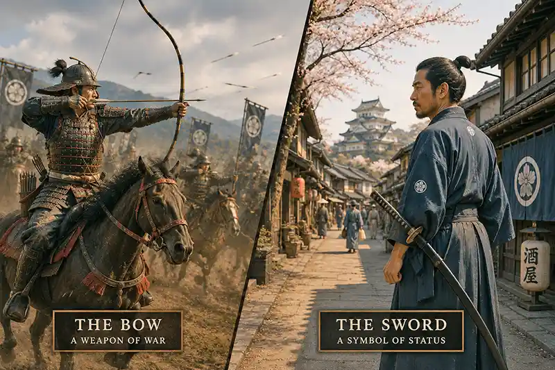Split image showing a mounted samurai archer in battle beside an Edo-period samurai wearing a katana in a peaceful Japanese town.