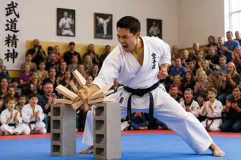 Martial artist breaking boards during a public demonstration
