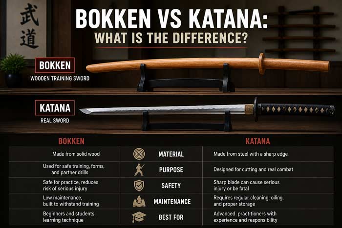 Comparison of wooden bokken and steel katana showing differences in material, use, safety, and maintenance