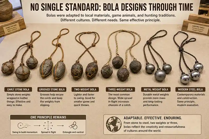 Historical bola designs ranging from stone weights to modern steel versions
