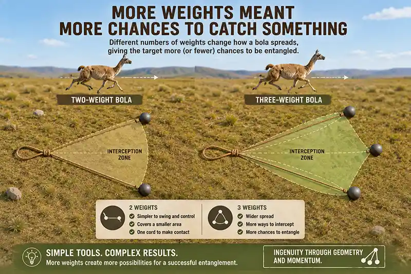 Two-weight and three-weight bolas compared by their interception areas